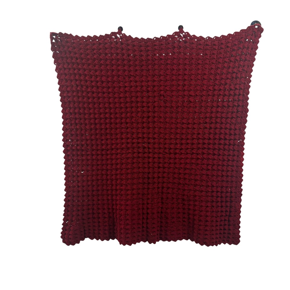 Handmade Crochet Popcorn Stitch Throw Blanket Burgundy Red Scalloped Edge Afghan